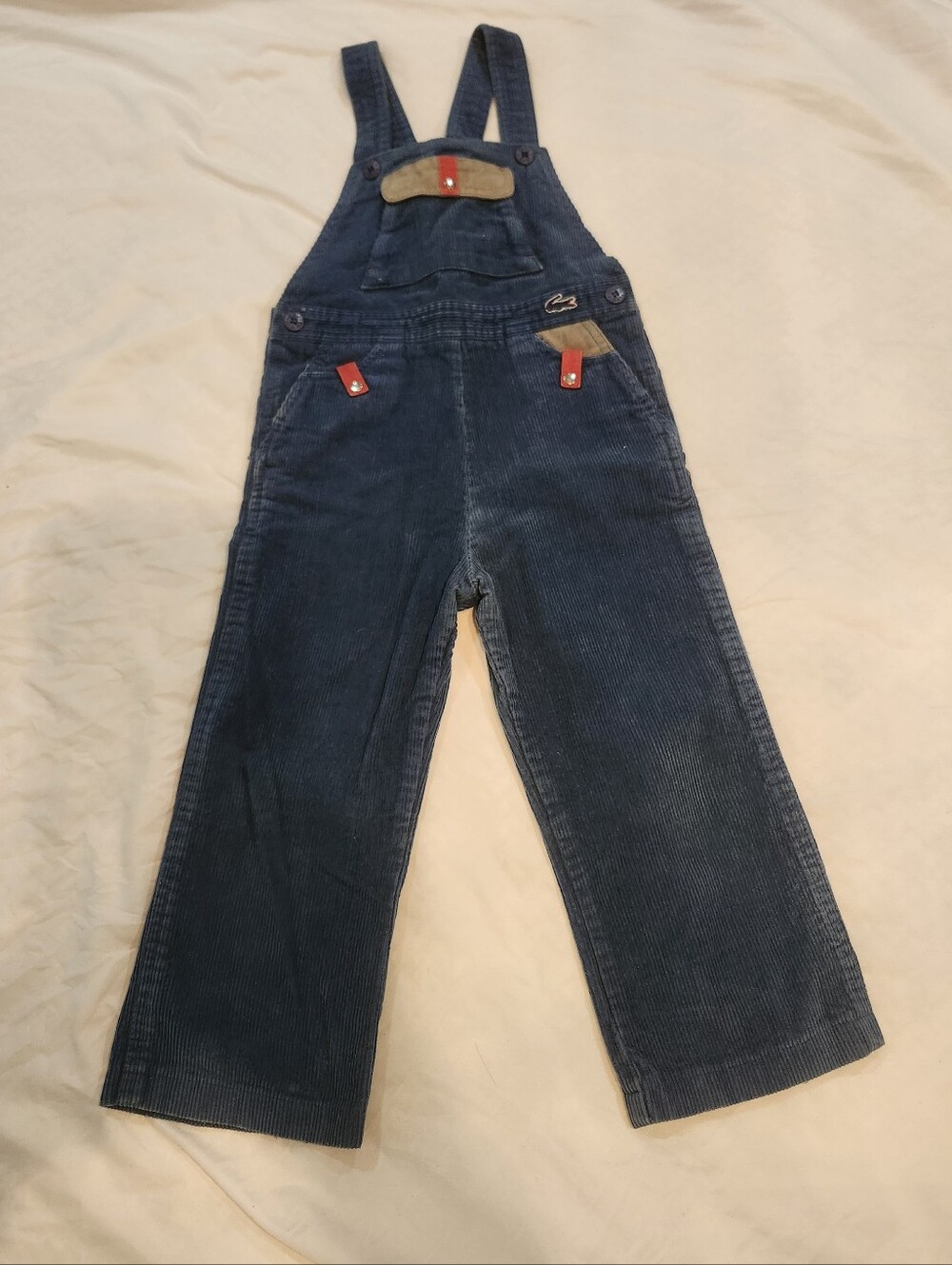 Vintage Lacoste Dark Blue Corduroy Kids Overalls with Red Accents